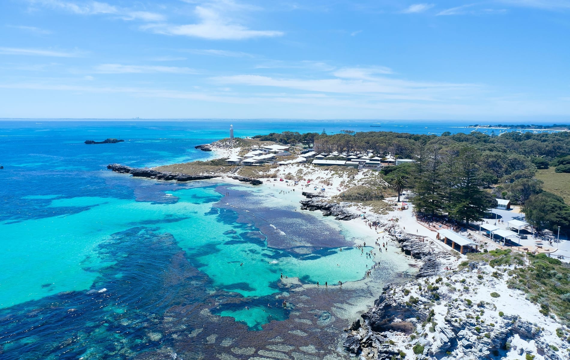 Aerial view of the turquoise bays and beaches of Rottnest Island, near Perth